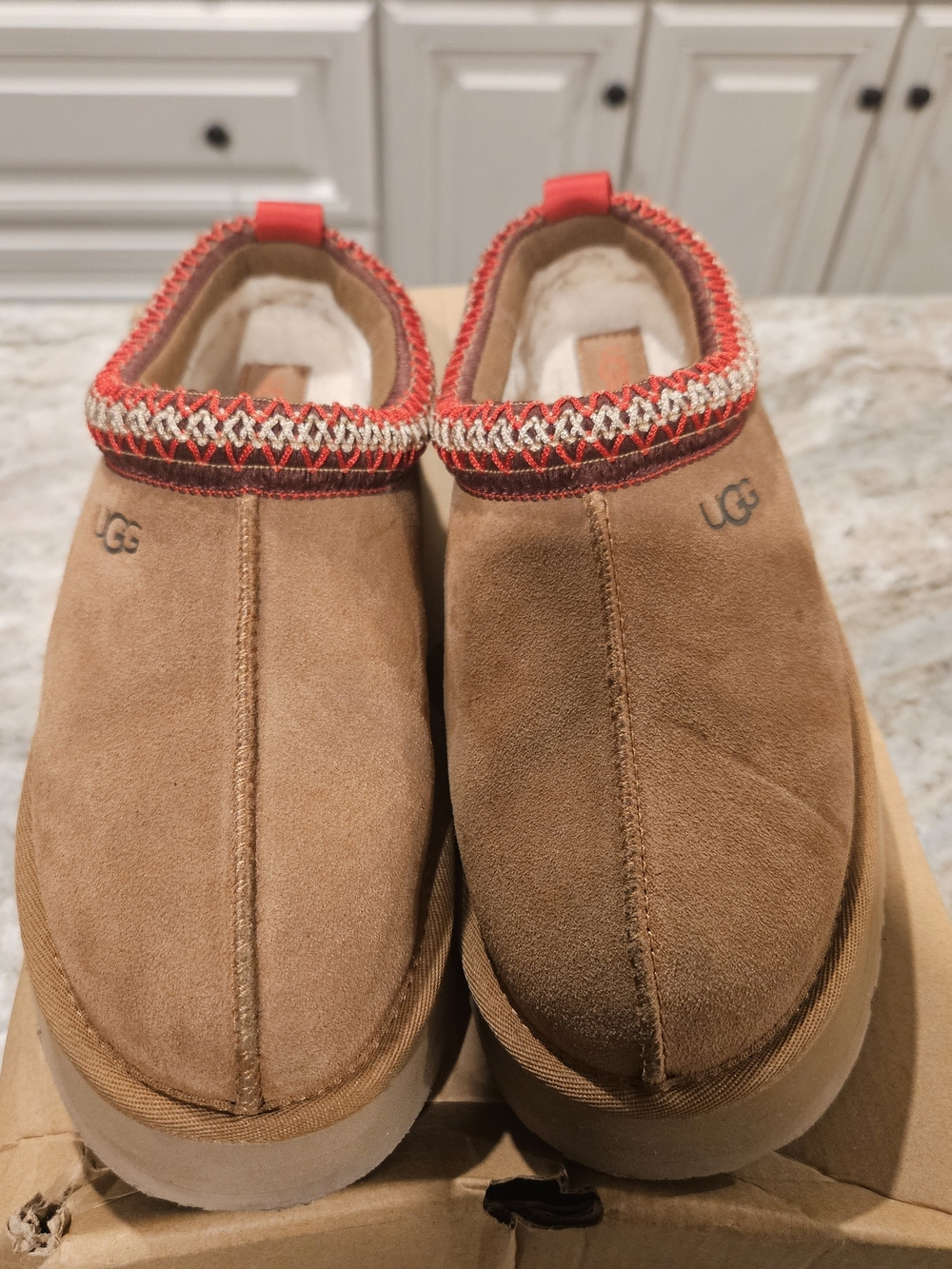 UGG Tazz II Chestnut Suede Slip-On Clogs with Red and Cream Trim